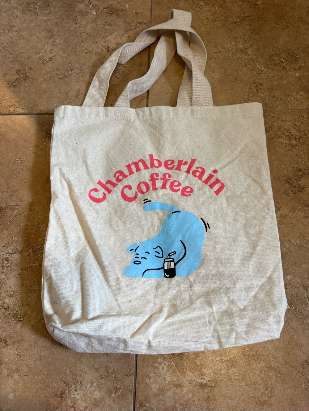 Chamberlain Coffee Cream Canvas Tote with Blue Cat Graphic